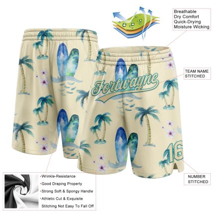 Personalized Teal 3D Hawaii Coconut Palms Basketball Shorts for Men Personalized City Cream Teal 3D Hawaii Coconut Palms