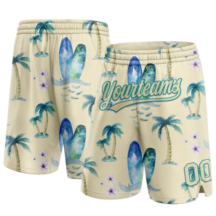 Personalized Teal 3D Hawaii Coconut Palms Basketball Shorts for Men Personalized City Cream Teal 3D Hawaii Coconut Palms