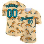 Custom Name and Number Tiger Performance T-Shirt in Cream Teal-Black 3D Pattern Design for Teams Personalized City Cream