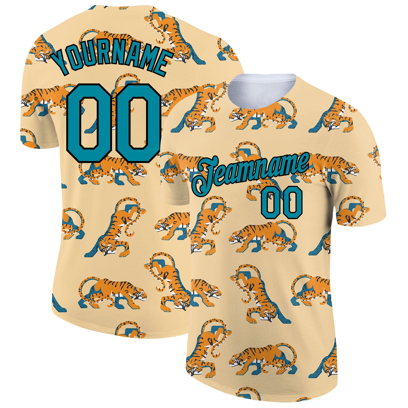 Custom Name and Number Tiger Performance T-Shirt in Cream Teal-Black 3D Pattern Design for Teams Personalized City Cream