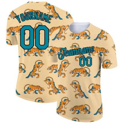 Personalized 3D Tiger T-Shirt in Cream Teal-Black | Performance Wear Personalized City Cream Teal-Black 3D Tiger Performance
