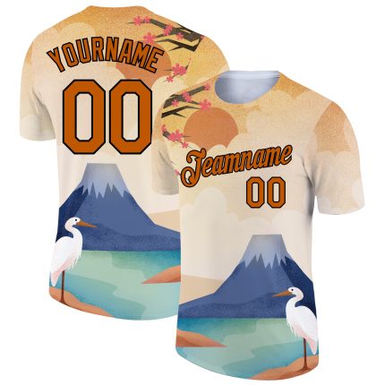 Personalized 3D Animal Heron Performance T-Shirt in Texas Orange-Black Cream Color Personalized City Cream Texas Orange-Black
