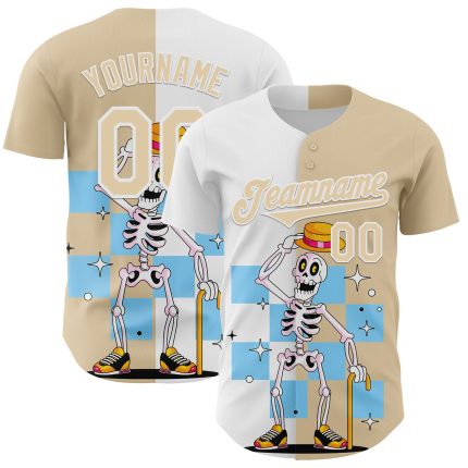 Custom 3D Pattern Skeleton Baseball Jersey with Name & Number - Personalized City Cream White Rave Design Personalized City