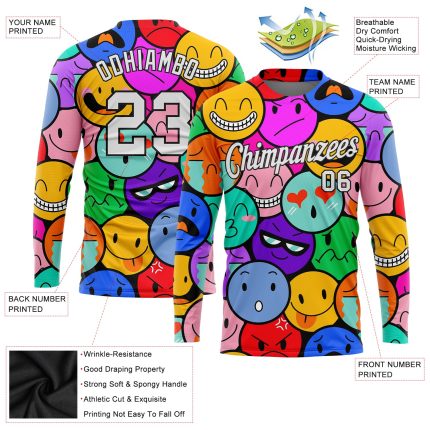 Colorful Personalized 3D Emoji Long Sleeve Performance T-Shirt in White and Black Personalized Colorful White-Black Emoji