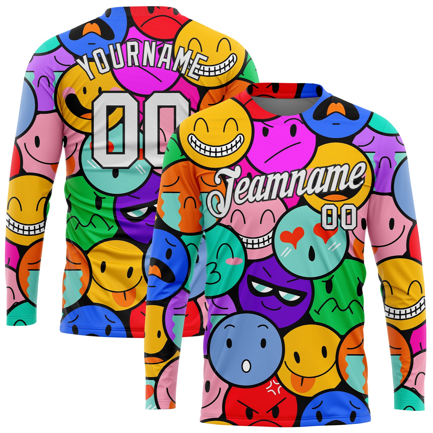Custom Name Number Emoji 3D Pattern Long Sleeve Performance T-Shirt - Colorful White-Black Design Personalized Colorful White-Black