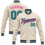 Personalized Black Pink Aqua Varsity Letterman Bomber Jacket Full-Snap Personalized Cream Aqua Black-Pink Bomber Full-Snap