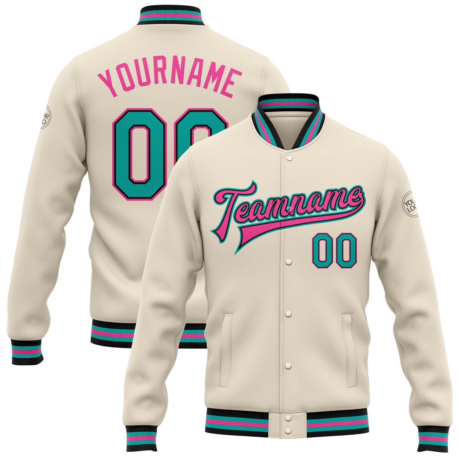 Custom Name Number Varsity Jacket Personalized Cream Aqua Black Pink Full-Snap Bomber Letterman Style Personalized Cream