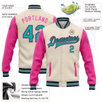 Personalized Two Tone Varsity Letterman Jacket Cream Aqua Black Pink Full-Snap Bomber Personalized Cream Aqua Black-Pink