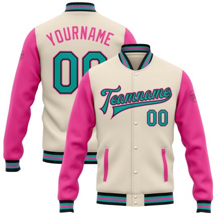 Personalized Two Tone Varsity Letterman Jacket Cream Aqua Black Pink Full-Snap Bomber Personalized Cream Aqua Black-Pink