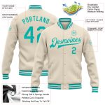 Personalized Aqua-White Varsity Letterman Bomber Jacket - Full-Snap Design Personalized Cream Aqua-White Bomber Full-Snap