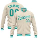 Custom Name and Number Personalized Varsity Letterman Jacket Aqua-White Bomber Full-Snap Personalized Cream Aqua-White Bomber
