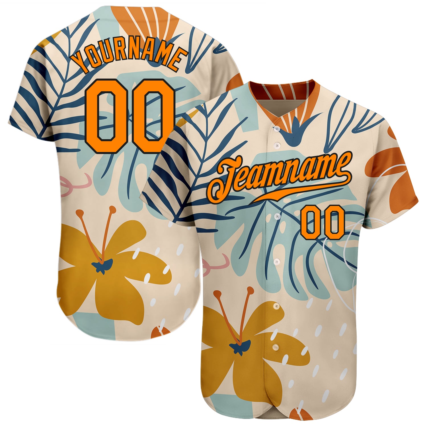 Personalized Hawaii Palm Leaves and Flowers Baseball Jersey - Custom Name & Number, Cream Bay Orange-Black 3D Pattern Design