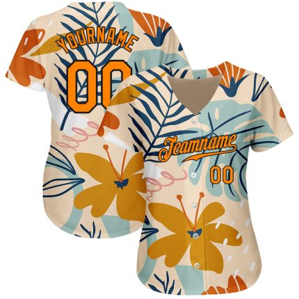 Personalized Hawaii Palm Leaves and Flowers Baseball Jersey - Custom Name & Number, Cream Bay Orange-Black 3D Pattern Design