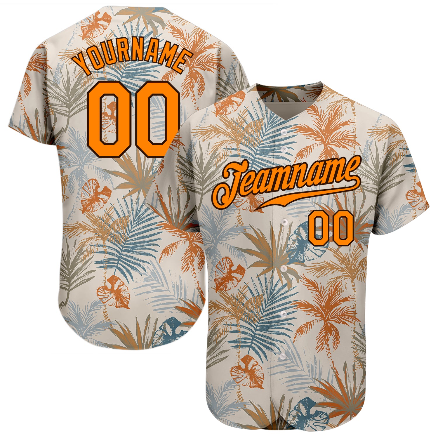Custom Name and Number Baseball Jersey with 3D Hawaii Palm Leaves Design in Cream, Bay, Orange-Brown - Personalized Apparel