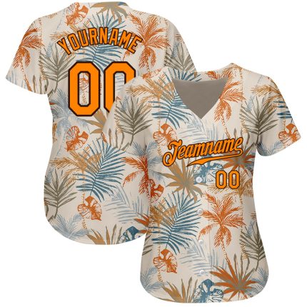Custom Name and Number Baseball Jersey with 3D Hawaii Palm Leaves Design in Cream, Bay, Orange-Brown - Personalized Apparel