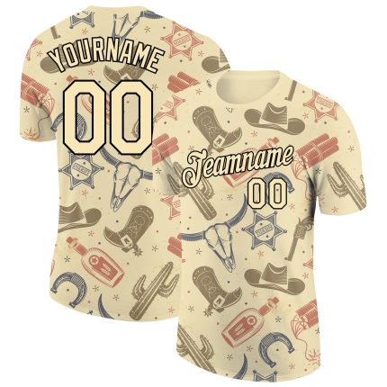 Personalized 3D Cowboy Performance T-Shirt in Cream and Black - Customizable Design Personalized Cream Black 3D Cowboy Accessory