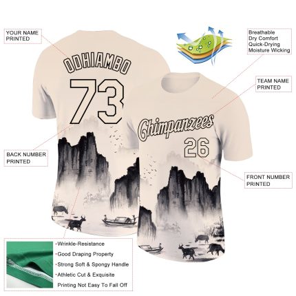 Personalized Black 3D Mountain Performance T-Shirt for Men and Women Personalized Cream Black 3D Mountain Performance T-Shirt