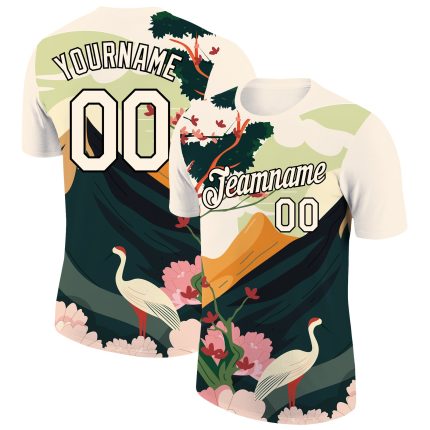 Custom Name Number Crane Performance T-Shirt - Personalized 3D Pattern Cream Black Animal Design Personalized Cream Black