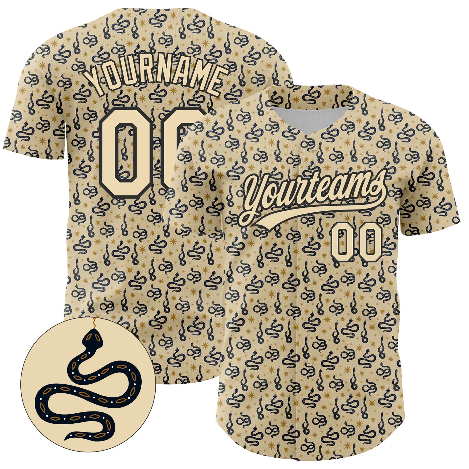 Custom Snake Pattern Baseball Jersey with Name & Number - Personalized Cream Black Design Personalized Cream Black 3D Pattern