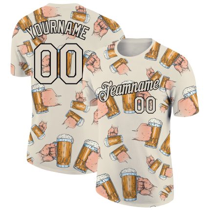 Custom Name and Number Black Cream 3D Pattern Performance T-Shirt for Beer Team Personalized Cream Black 3D Pattern Design