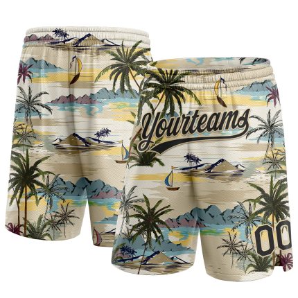 Personalized Hawaii Palm Trees Basketball Shorts with Custom Name & Number - Cream Black 3D Pattern Authentic Team Gear Personalized