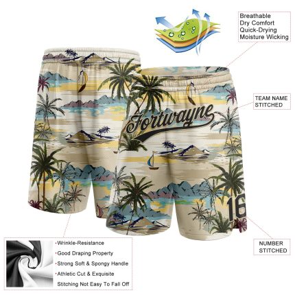 Personalized Hawaii Palm Trees Basketball Shorts with Custom Name & Number - Cream Black 3D Pattern Authentic Team Gear Personalized