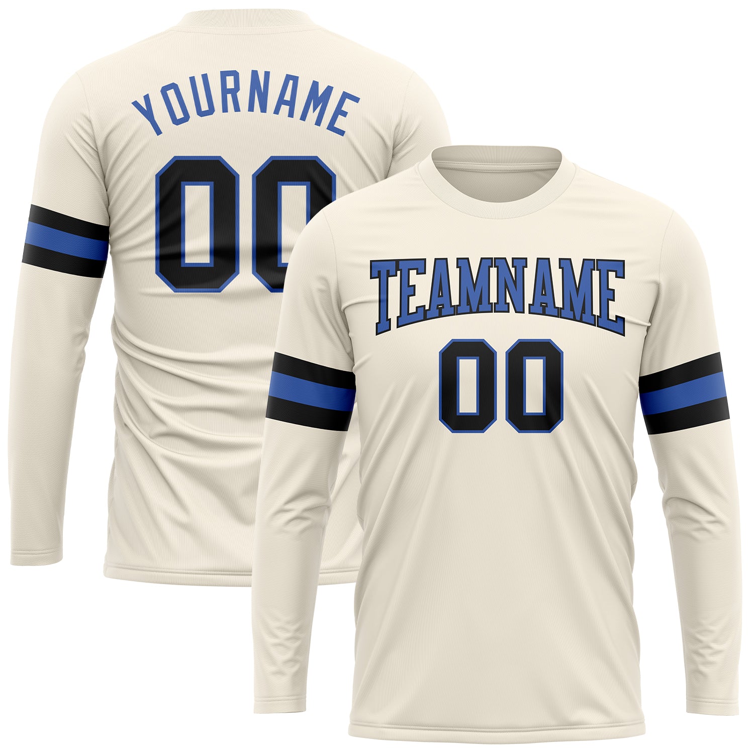 Custom Name and Number Performance T-Shirt - Personalized Long Sleeve in Cream Black and Blue Personalized Cream Black-Blue