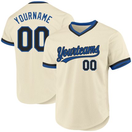Personalized Black-Blue Cream Throwback Baseball Jersey for Men and Women Personalized Cream Black-Blue Throwback Baseball