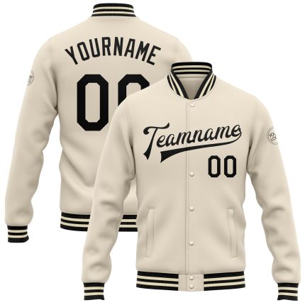 Personalized Black Cream Varsity Letterman Bomber Jacket Full-Snap Style Personalized Cream Black Bomber Full-Snap Varsity