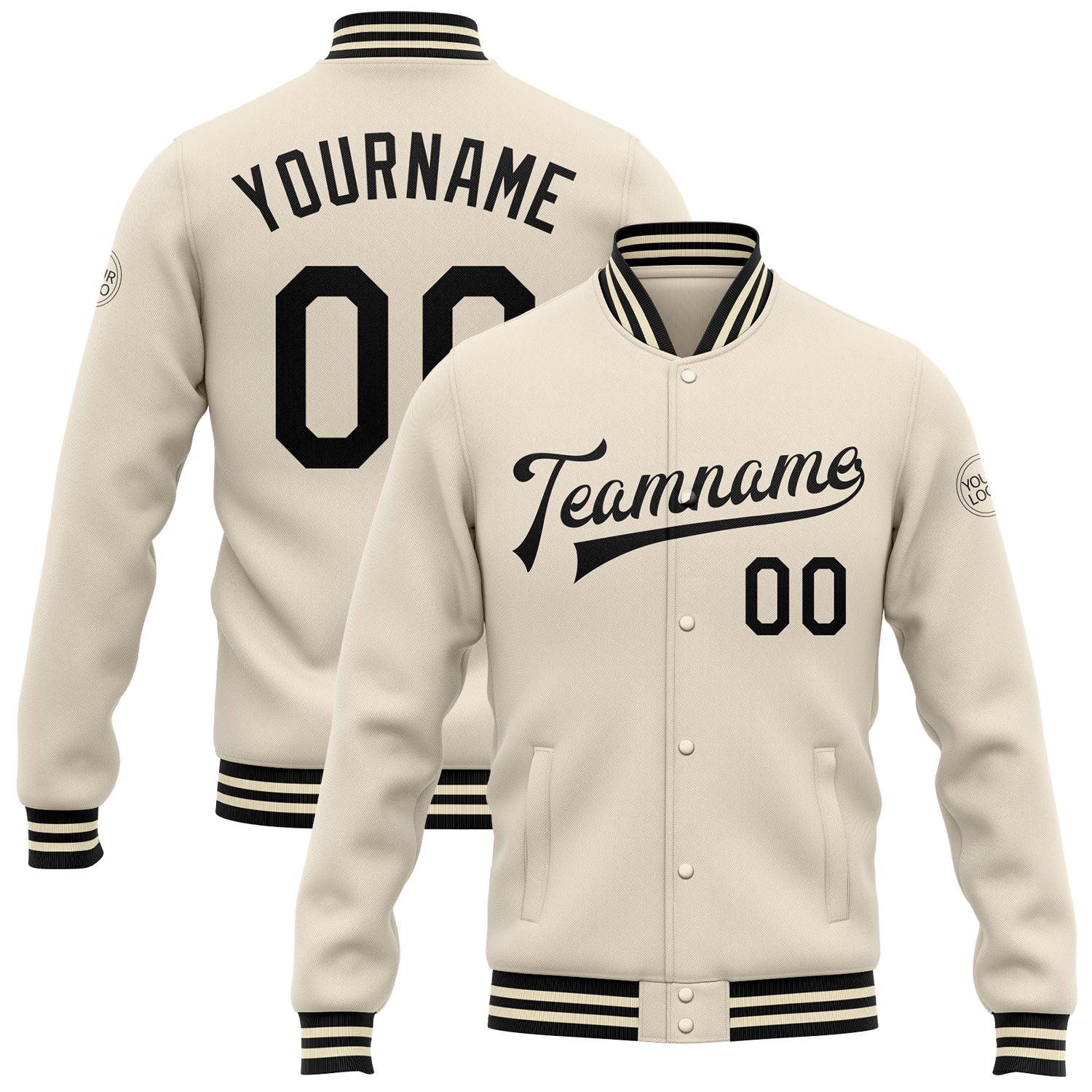 Personalized Black Cream Varsity Letterman Bomber Jacket Full-Snap Style Personalized Cream Black Bomber Full-Snap Varsity