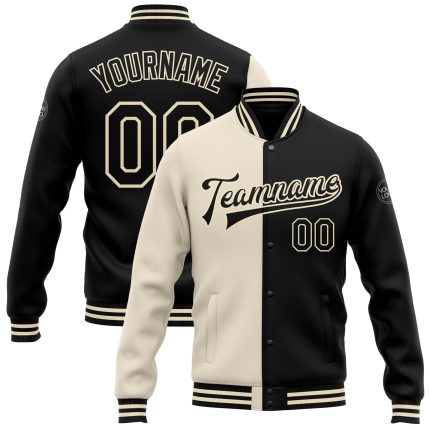 Personalized Black Cream Varsity Letterman Bomber Split Jacket - Full-Snap Fashion Outerwear Personalized Cream Black Bomber
