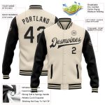 Personalized Two Tone Varsity Letterman Bomber Jacket in Cream and Black - Full-Snap Design Personalized Cream Black Bomber