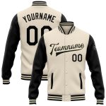 Personalized Two Tone Varsity Letterman Bomber Jacket in Cream and Black - Full-Snap Design Personalized Cream Black Bomber