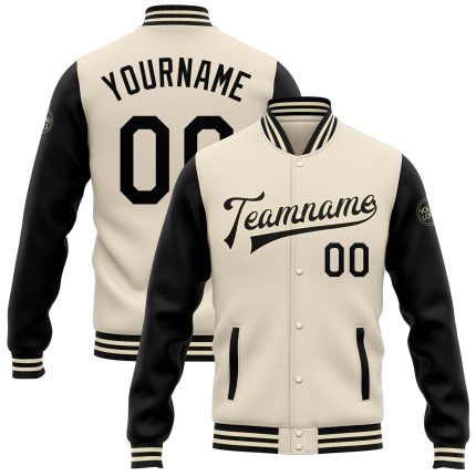 Personalized Two Tone Varsity Letterman Bomber Jacket in Cream and Black - Full-Snap Design Personalized Cream Black Bomber