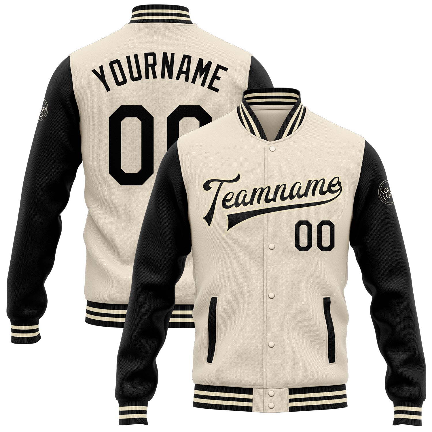 Custom Name and Number Varsity Letterman Jacket Black Cream Bomber Full-Snap Two Tone Personalized Cream Black Bomber Full-Snap