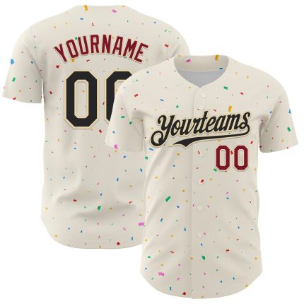 Personalized 3D Confetti Baseball Jersey in Cream Black Crimson Personalized Cream Black-Crimson 3D Confetti Baseball Jersey
