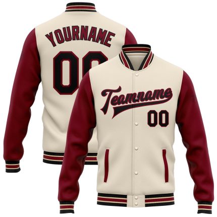 Personalized Two Tone Varsity Letterman Jacket Black Cream Crimson City Full-Snap Bomber Personalized Cream Black Crimson-City