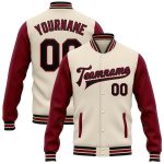 Custom Personalized Varsity Letterman Jacket Cream Black Crimson Two Tone Bomber Full-Snap with Name and Number Personalized