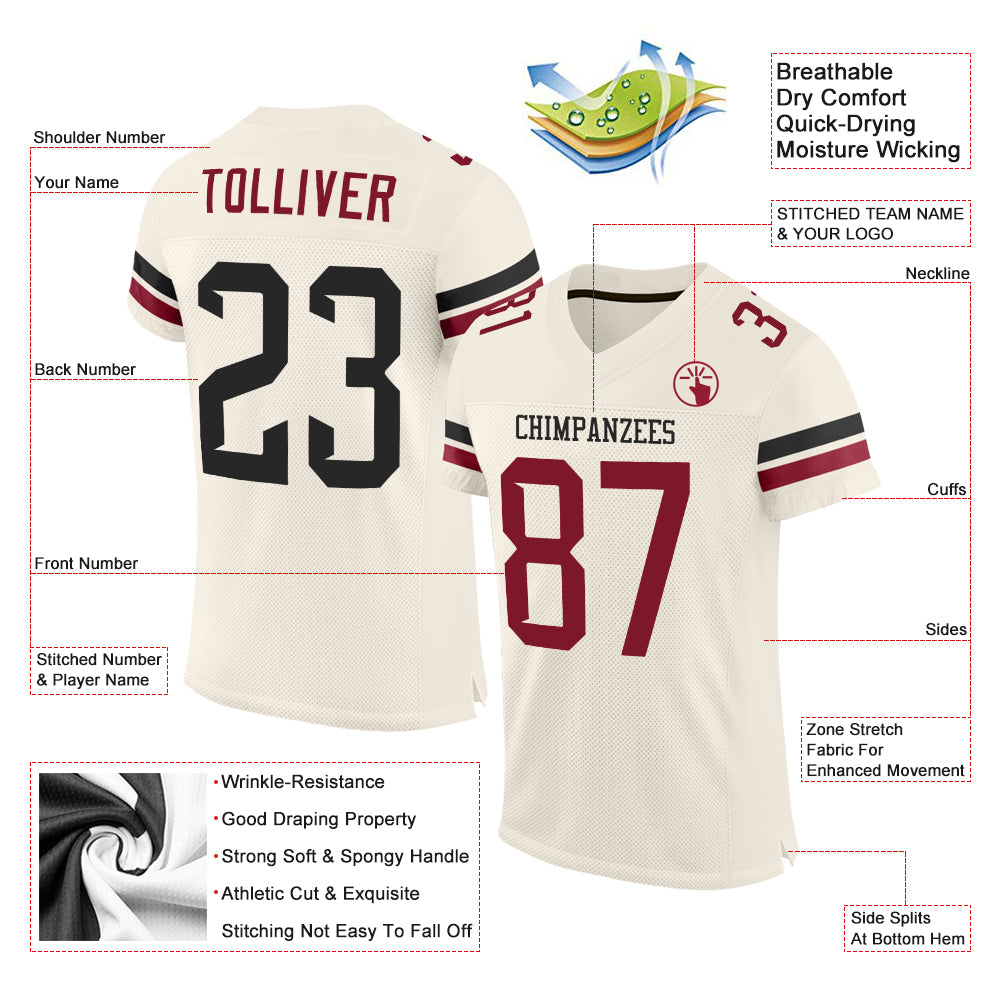 Personalized Cream Black-Crimson Mesh Football Jersey Custom Black-Crimson Mesh Football Jersey - Personalized Sports Apparel Personalized Cream Black-Crimson Mesh Football Jersey - Image 2