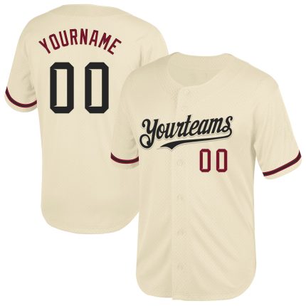 Personalized Black and Crimson Mesh Throwback Baseball Jersey in Cream Color Personalized Cream Black-Crimson Mesh Throwback