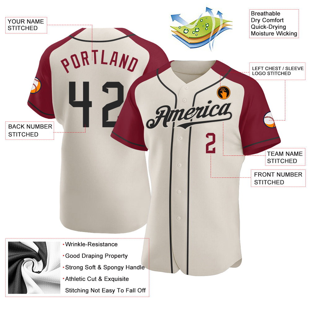 Personalized Cream Black-Crimson Raglan Sleeves Baseball Jersey Personalized Black Crimson Baseball Jersey with Cream Raglan Sleeves Personalized Cream Black-Crimson Raglan Sleeves Baseball - Image 3