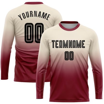 Custom Black-Crimson Soccer Uniform Jersey - Personalized Long Sleeve Fade Fashion Sublimation Personalized Cream Black-Crimson