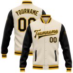 Personalized Black Gold Bomber Varsity Letterman Jacket, Cream Two Tone Full-Snap Outerwear Personalized Cream Black-Gold