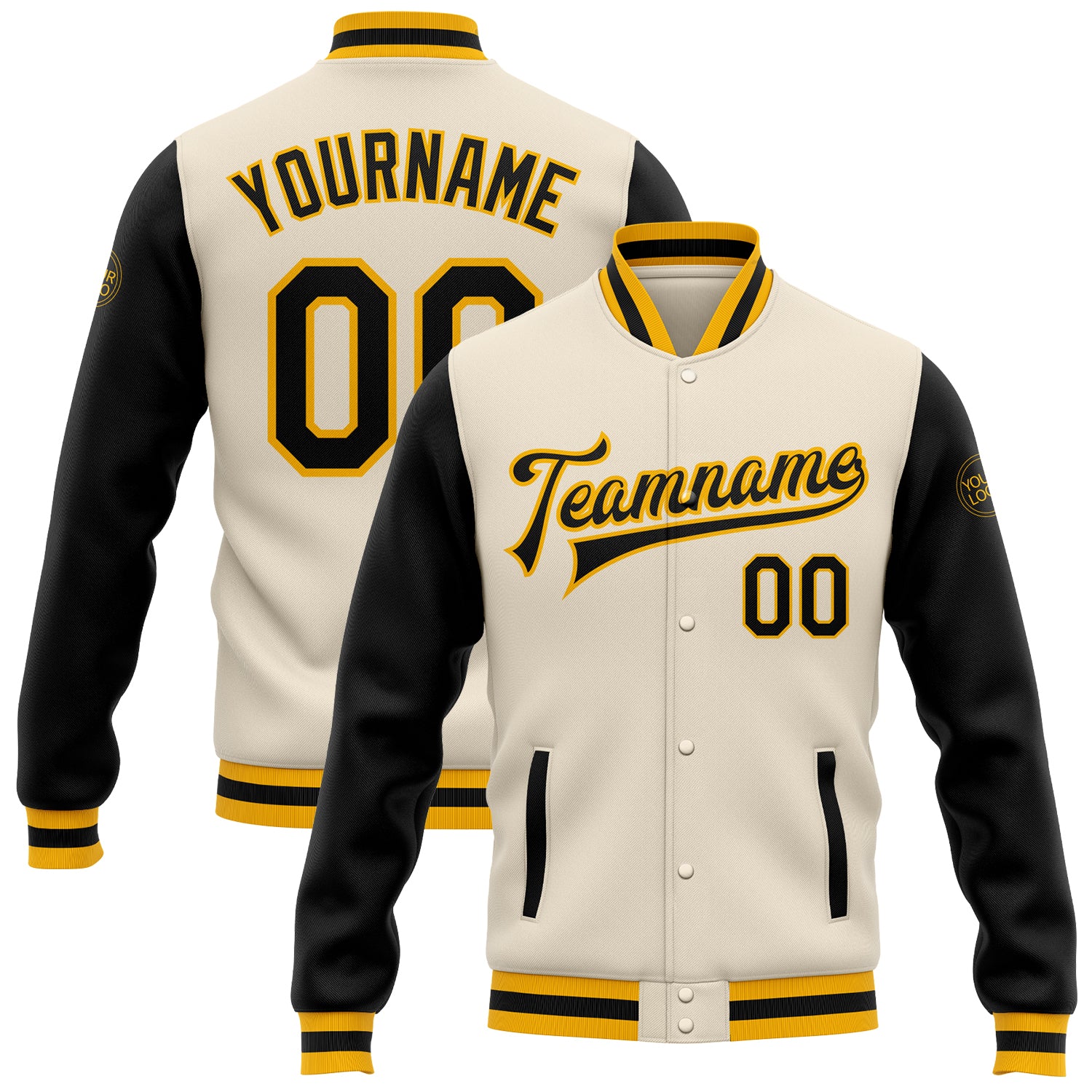 Personalized Black Gold Bomber Varsity Letterman Jacket, Cream Two Tone Full-Snap Outerwear Personalized Cream Black-Gold