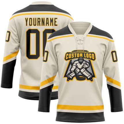 Personalized Black-Gold Hockey Jersey with Cream Lace Neck - Custom Sports Apparel Personalized Cream Black-Gold Hockey Lace