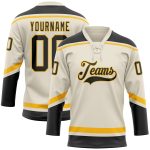 Personalized Black-Gold Hockey Jersey with Cream Lace Neck - Custom Sports Apparel Personalized Cream Black-Gold Hockey Lace