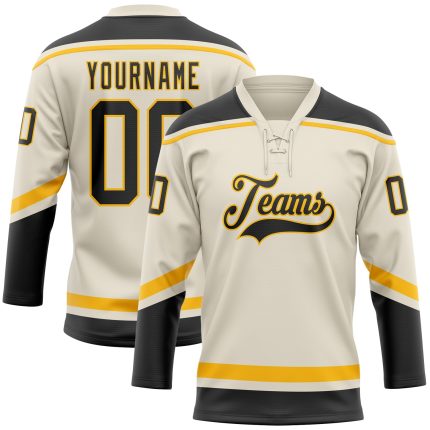 Personalized Black-Gold Hockey Jersey with Cream Lace Neck - Custom Sports Apparel Personalized Cream Black-Gold Hockey Lace