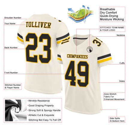 Custom Name and Number Personalized Black Gold Mesh Football Jersey - Authentic Team Apparel Personalized Cream Black-Gold