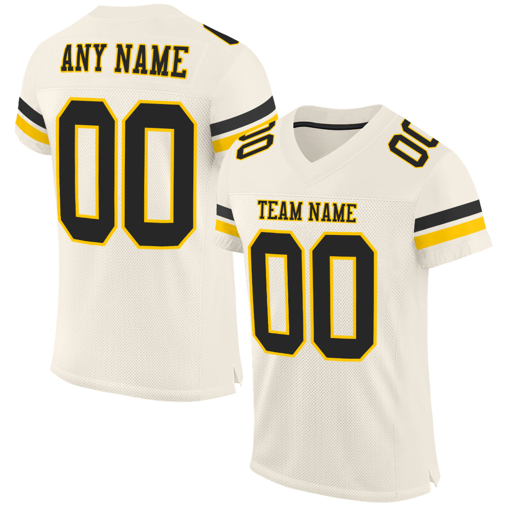 Custom Name and Number Personalized Black Gold Mesh Football Jersey - Authentic Team Apparel Personalized Cream Black-Gold