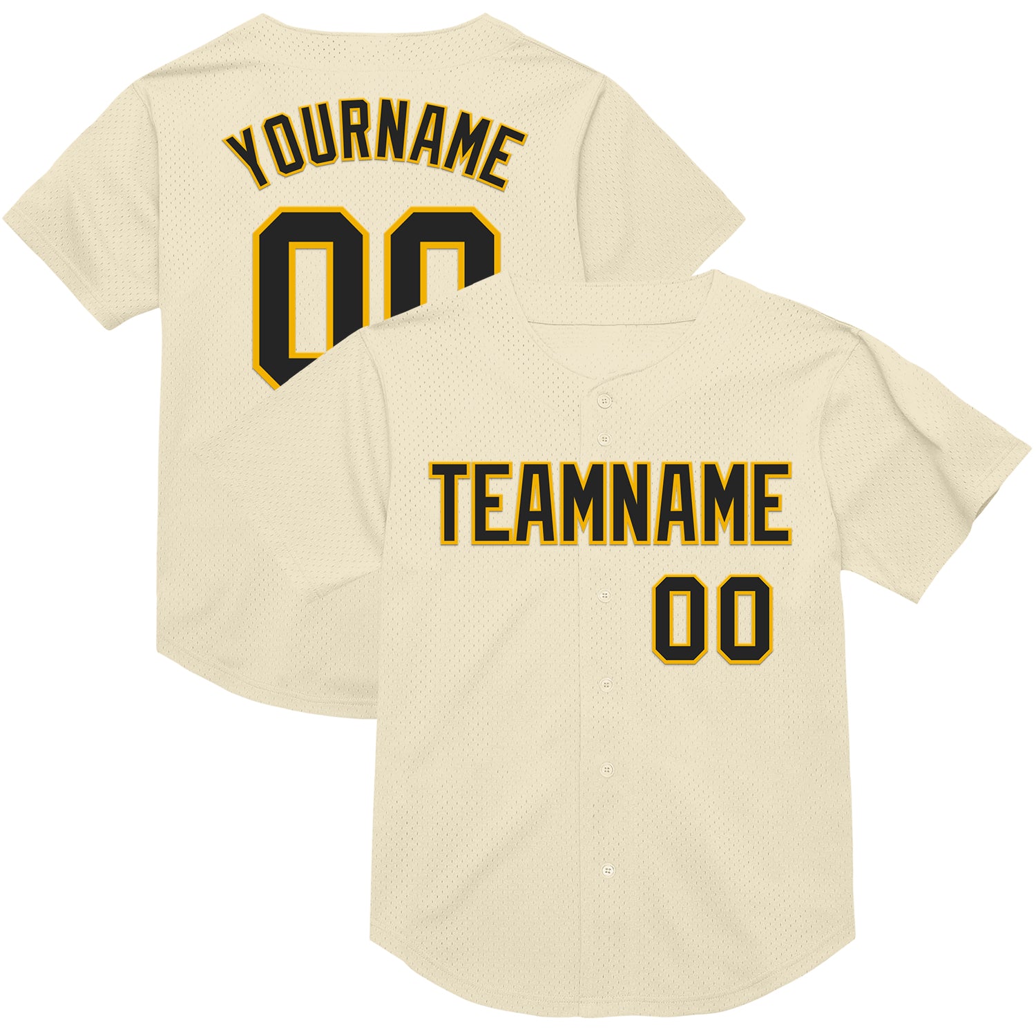 Personalized Black-Gold Throwback Baseball Jersey - Authentic Cream Mesh Design Personalized Cream Black-Gold Mesh Authentic